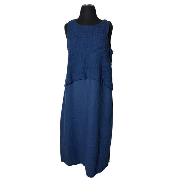 J. Jill Pure Jill Batik Blue Maxi Layered Linen Sleeveless Dress Sz MP Lagenlook - Picture 1 of 12